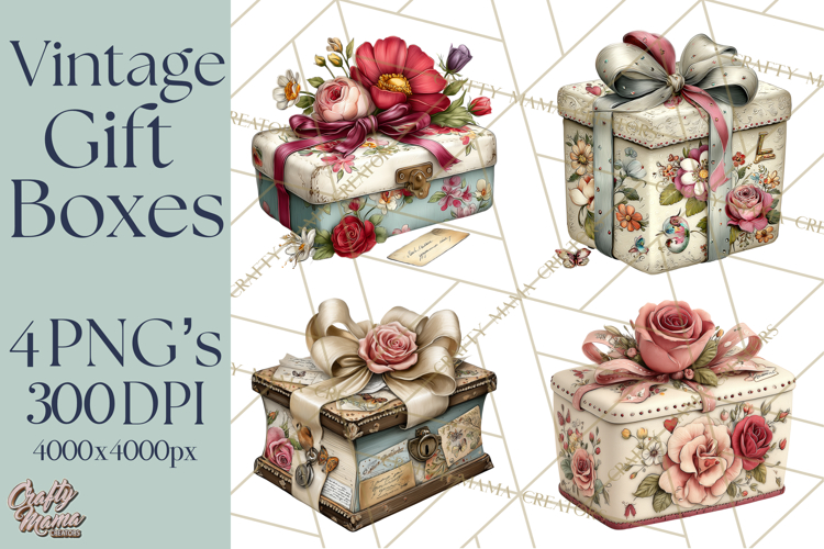 Vintage Gift Boxes Clipart PNG, Romantic Antique Boxes