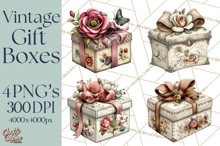 Vintage Gift Boxes Clipart PNG, Romantic Antique Boxes