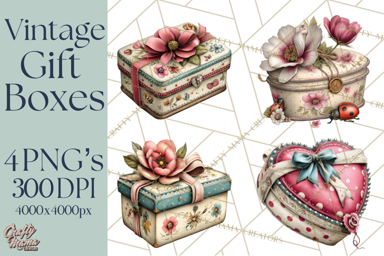 Vintage Gift Boxes Clipart PNG, Romantic Antique Boxes