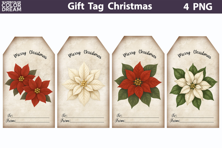 Christmas Poinsettia Gift Tags | Junk Journal Card