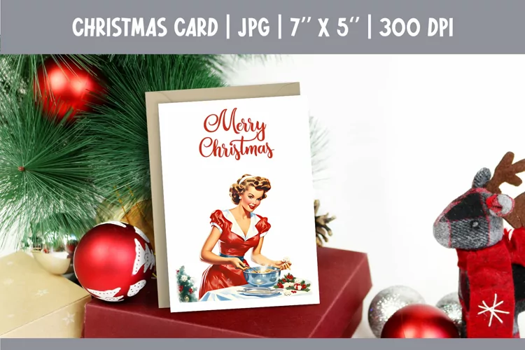 Merry Christmas Card Printable | Vintage Pin Up Girl PNG