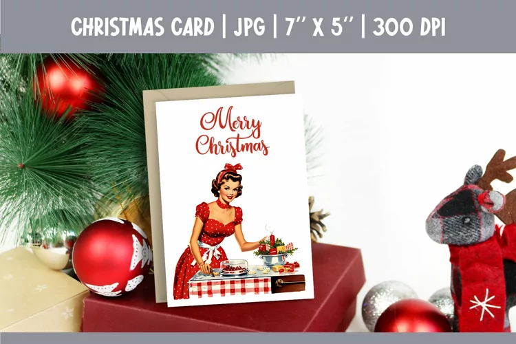 Merry Christmas Card Printable | Vintage Pin Up Girl PNG
