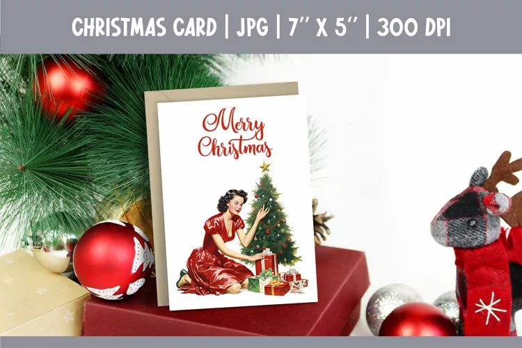 Merry Christmas Card Printable | Vintage Pin Up Girl PNG