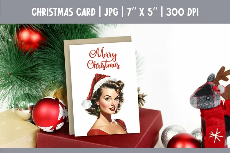 Merry Christmas Card Printable | Vintage Pin Up Girl PNG