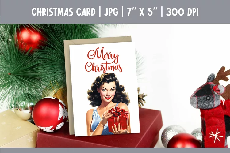 Merry Christmas Card Printable | Vintage Pin Up Girl PNG