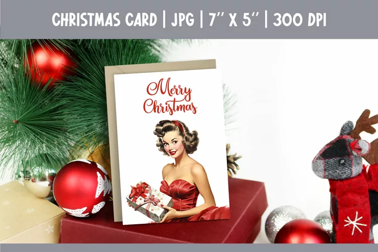 Merry Christmas Card Printable | Vintage Pin Up Girl PNG