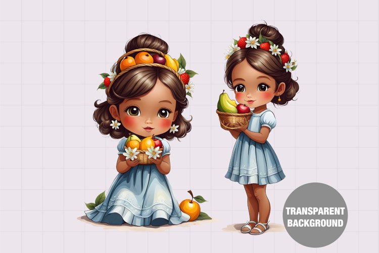 Little girl with fruits basket clipart, Vintage girl clipart