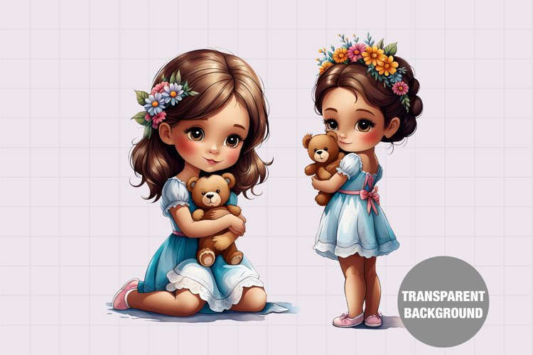 Watercolor girl with teddy bear clipart, Vintage girl clipar