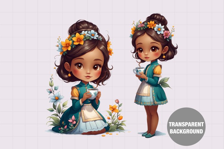 Watercolor girl drinking tea clipart Vintage girl clipart