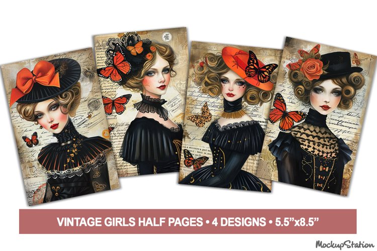 Whimsical Girls Portraits Junk Journal Printable Half Pages example image 1