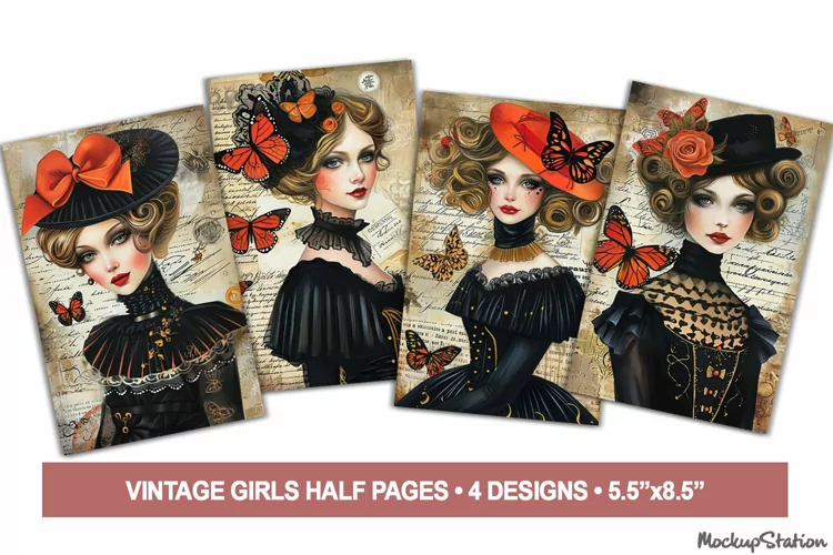 Whimsical Girls Portraits Junk Journal Printable Half Pages