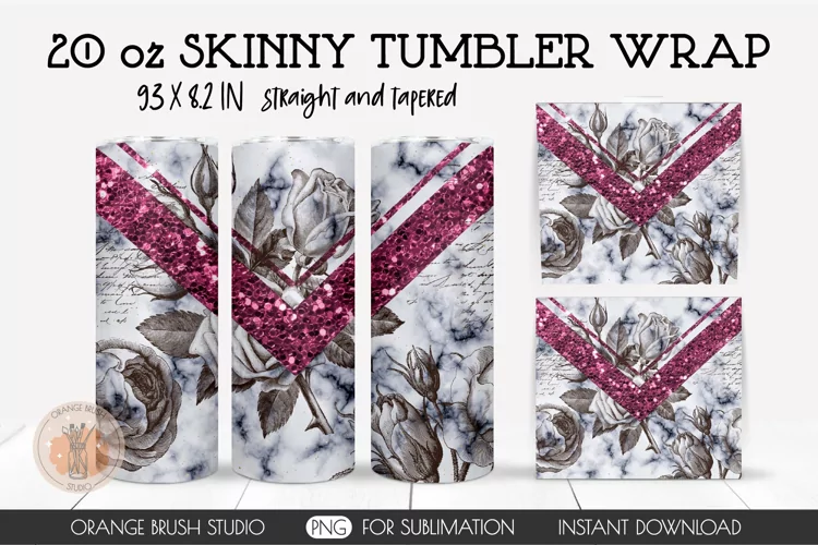 Vintage Glitter Rose Skinny Tumbler Wrap Sublimation Design