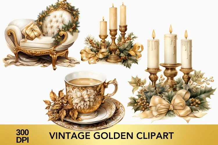 4 PNG vintage golden clipart, vintage golden sublimation cha