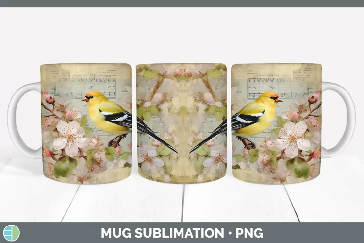 Vintage Goldfinch Bird Mug Wrap | Sublimation Coffee Cup Des
