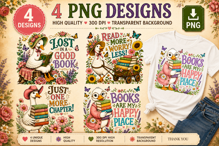 Vintage Goose Book Lover PNG,Floral Reading Duck PNG