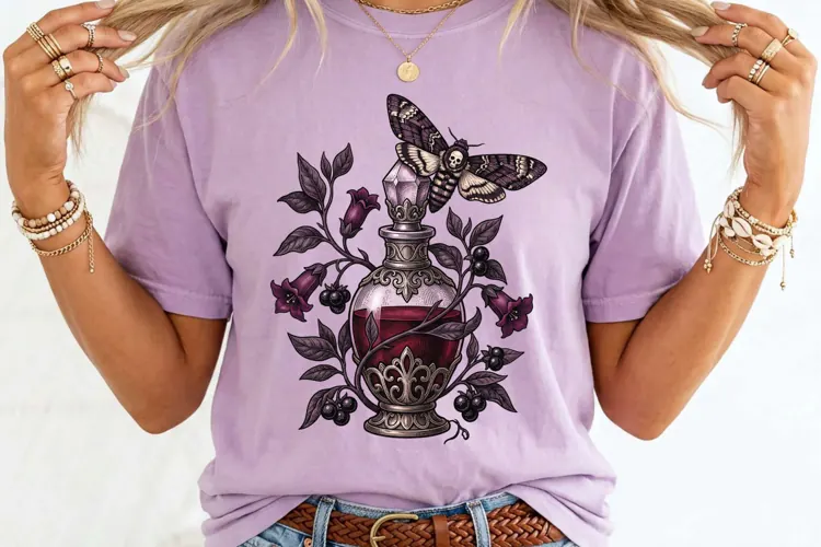 Vintage Gothic Botanical Potion Vial and Hawkmoth PNG