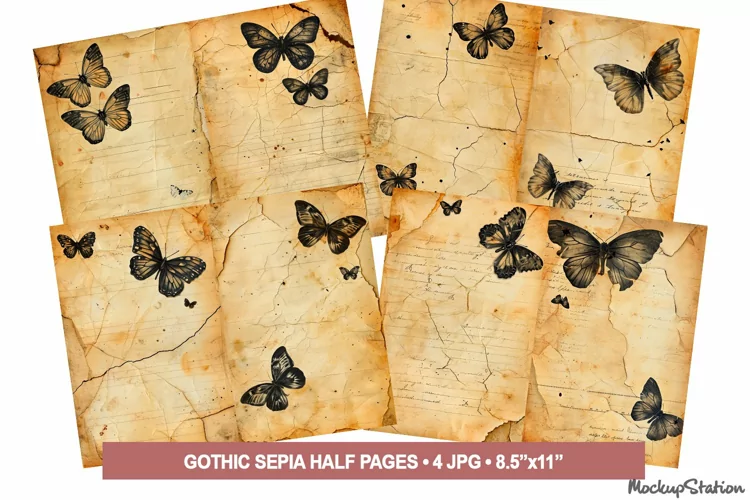 Old Paper Junk Journal Half Pages | Gothic Sepia Butterflies