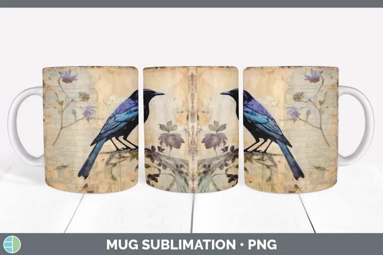 Vintage Grackle Bird Mug Wrap | Sublimation Coffee Cup Desig