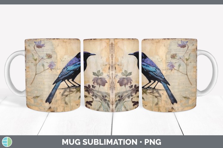 Vintage Grackle Bird Mug Wrap | Sublimation Coffee Cup Desig