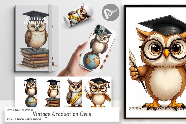 Vintage Graduation Owls Digital Paper