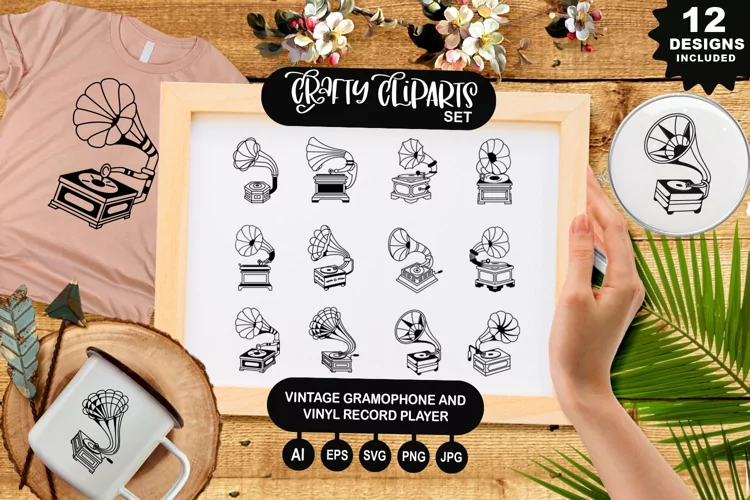 Vintage Gramophone And Vinyl Record Player Clipart Set