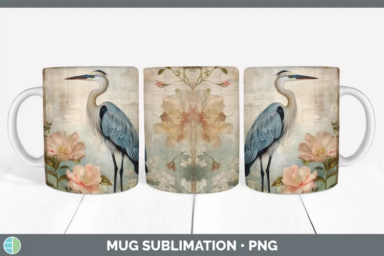 Vintage Great Blue Heron Bird Mug Wrap | Sublimation Coffee