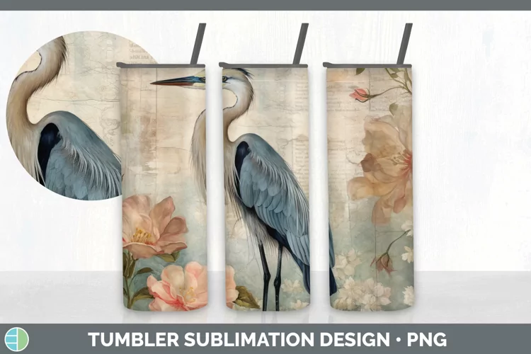 Vintage Great Blue Heron Bird Tumbler | Sublimation 20 oz Sk