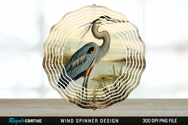 Vintage Great Blue Heron Bird Spinner Sublimation Design PNG