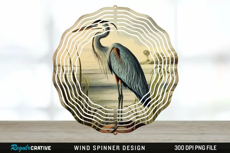 Vintage Great Blue Heron Bird Spinner Sublimation Design PNG