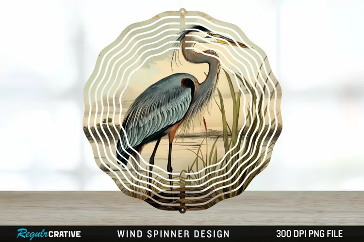 Vintage Great Blue Heron Bird Spinner Sublimation Design PNG