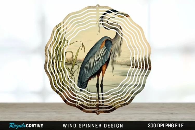 Vintage Great Blue Heron Bird Spinner Sublimation Design PNG