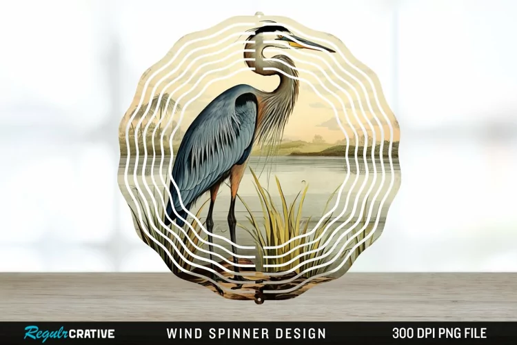 Vintage Great Blue Heron Bird Spinner Sublimation Design PNG