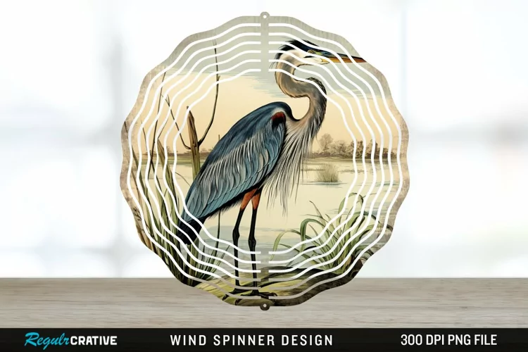 Vintage Great Blue Heron Bird Spinner Sublimation Design PNG