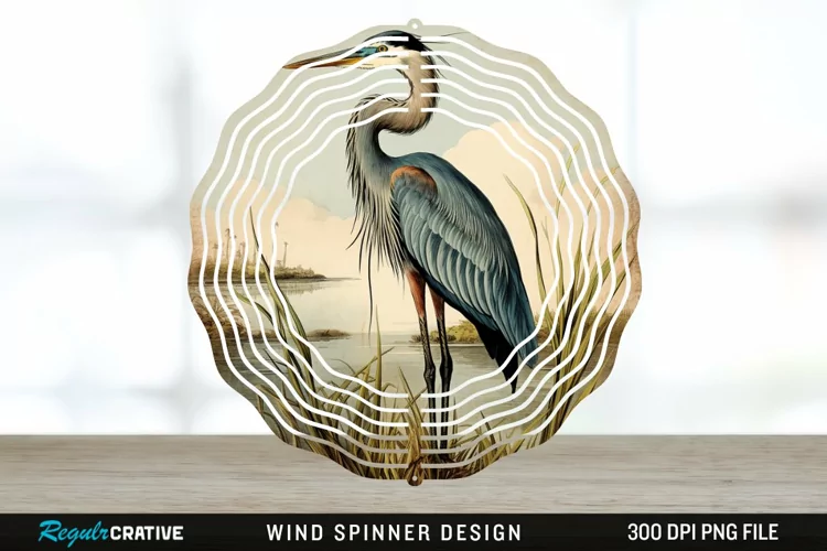 Vintage Great Blue Heron Bird Spinner Sublimation Design PNG