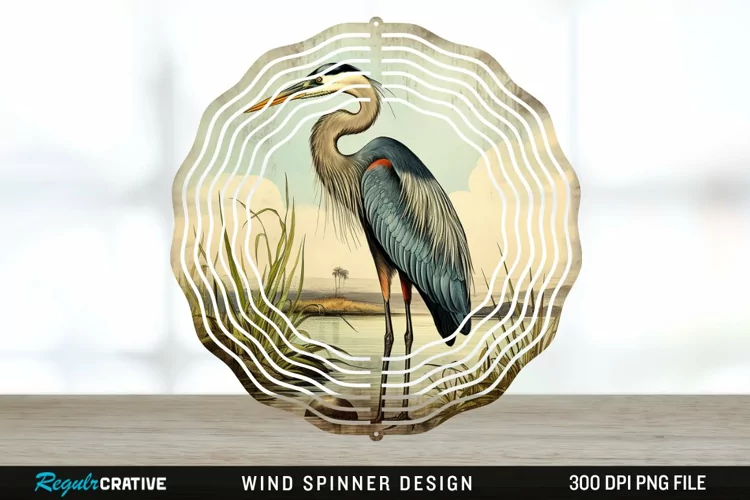Vintage Great Blue Heron Bird Spinner Sublimation Design PNG