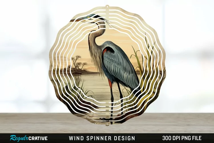 Vintage Great Blue Heron Bird Spinner Sublimation Design PNG