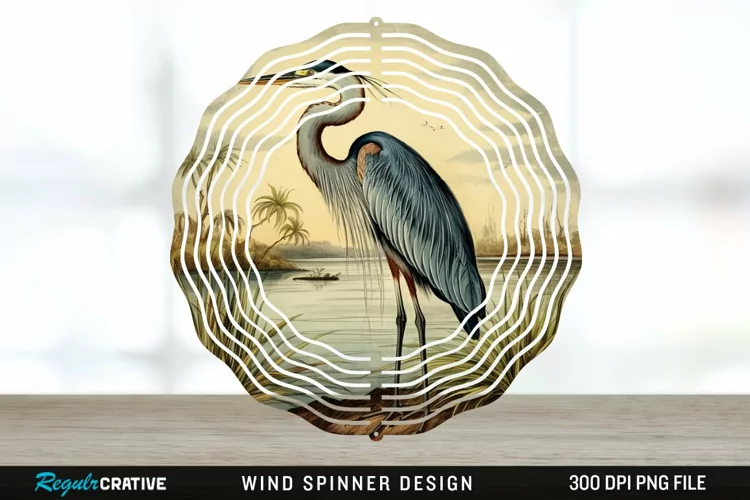 Vintage Great Blue Heron Bird Spinner Sublimation Design PNG