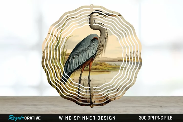 Vintage Great Blue Heron Bird Spinner Sublimation Design PNG