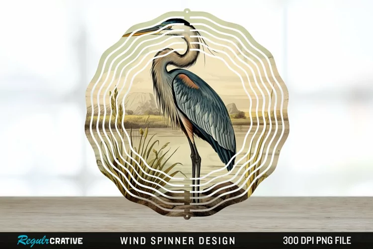 Vintage Great Blue Heron Bird Spinner Sublimation Design PNG