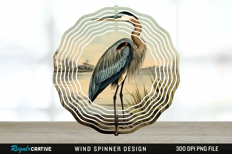 Vintage Great Blue Heron Bird Spinner Sublimation Design PNG