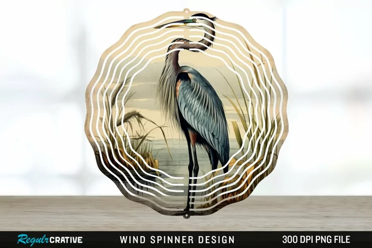 Vintage Great Blue Heron Bird Spinner Sublimation Design PNG