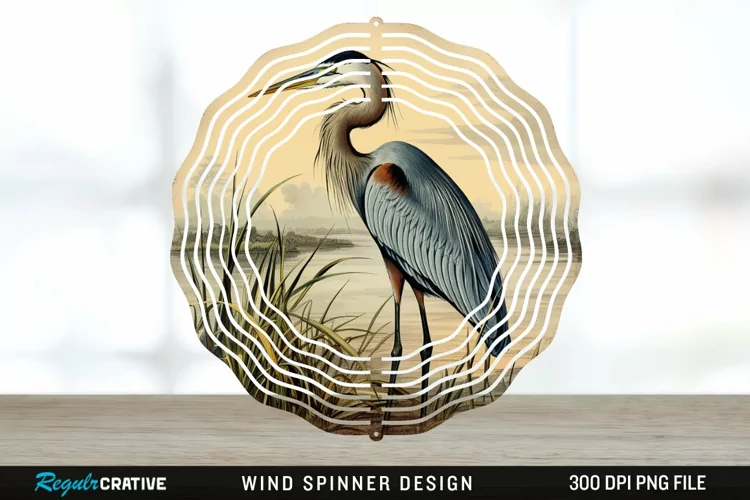 Vintage Great Blue Heron Bird Spinner Sublimation Design PNG