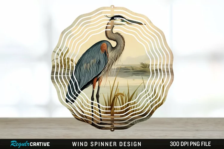 Vintage Great Blue Heron Bird Spinner Sublimation Design PNG