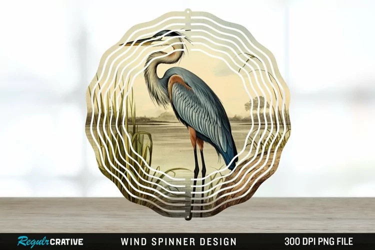 Vintage Great Blue Heron Bird Spinner Sublimation Design PNG