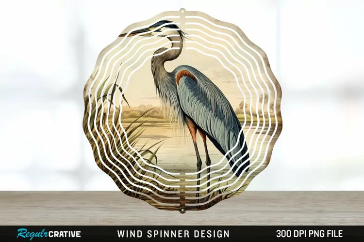Vintage Great Blue Heron Bird Spinner Sublimation Design PNG