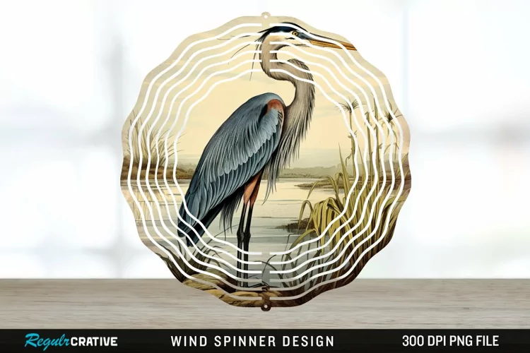 Vintage Great Blue Heron Bird Spinner Sublimation Design PNG