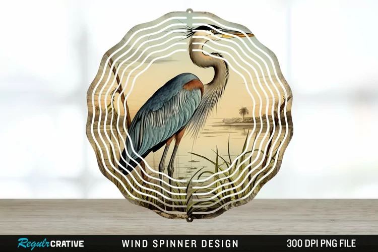 Vintage Great Blue Heron Bird Spinner Sublimation Design PNG