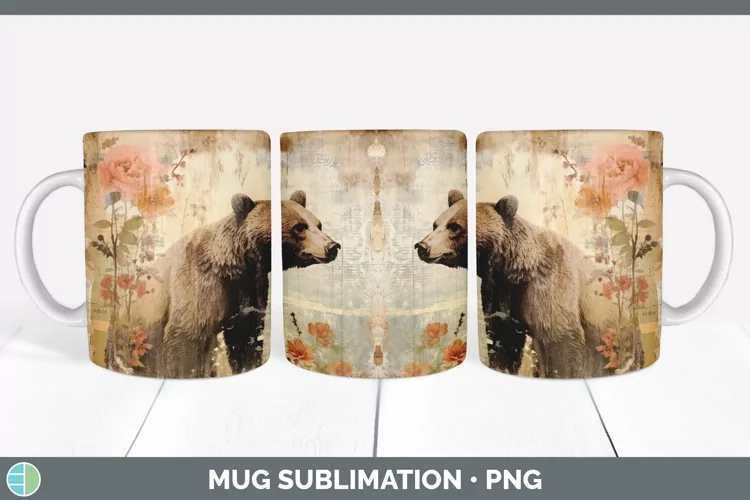 Vintage Grizzly Bear Mug Wrap | Sublimation Coffee Cup Desig