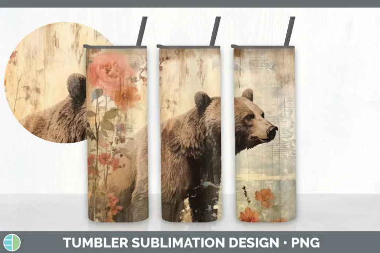 Vintage Grizzly Bear Tumbler | Sublimation 20 oz Skinny Tumb