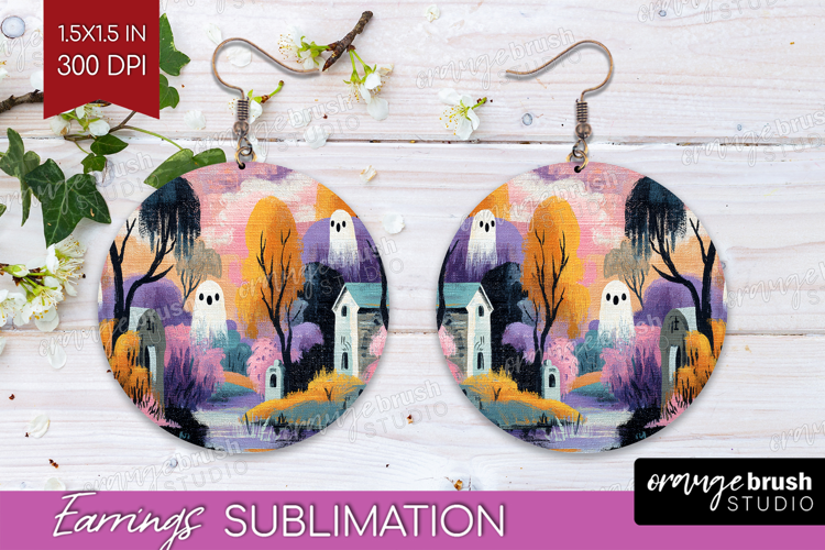Retro Halloween Round Earrings - Vintage PNG Sublimation